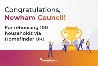An image of a trophy with the next "Congratulations Newham Council! For rehousing 100 households via Homefinder UK" 