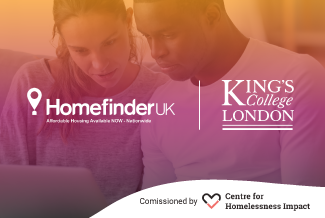 Logos of Homefinder UK, Centre for Homelessness Impact and King's College London