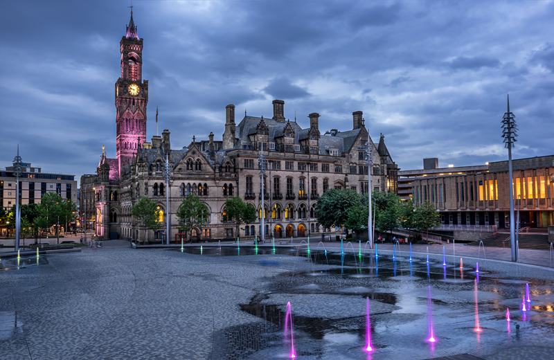 Centenary Square in Bradford at twilight 