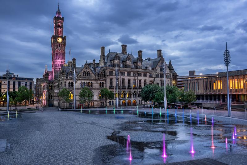 Centenary Square in Bradford at twilight