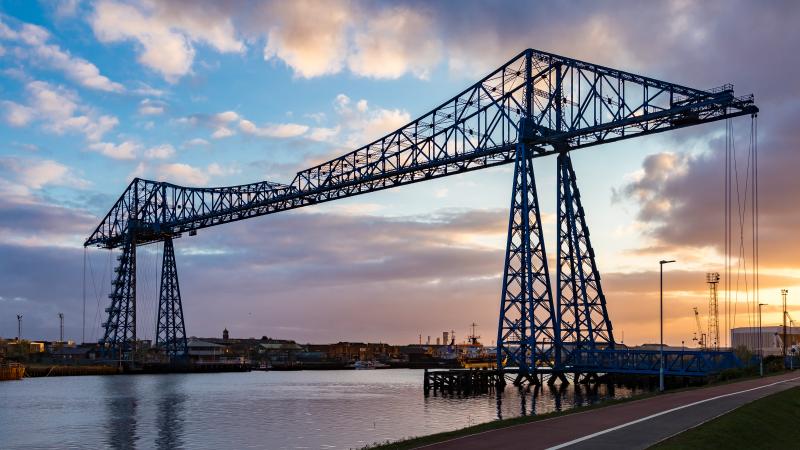 Transporter bridge in Middlesbrough with sunset 